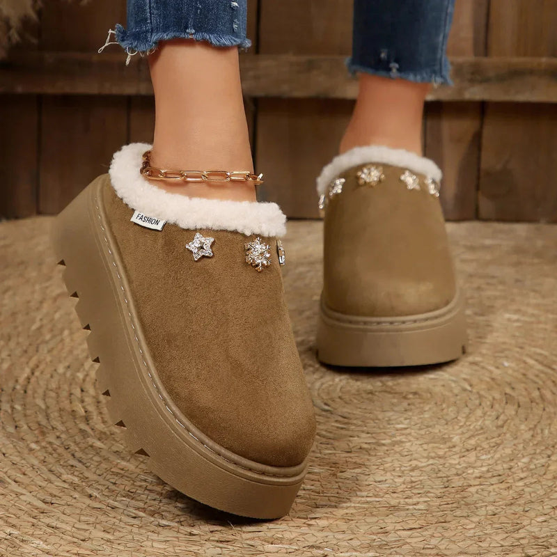 Winter plush platform mules side view with open-back slip-on style