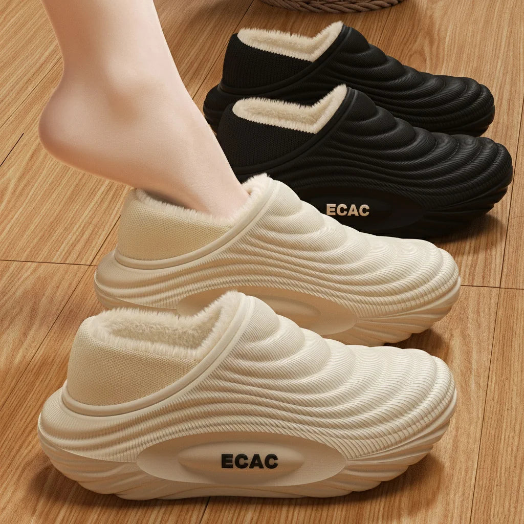 Fur lined winter slippers with warm plush interior for cold weather comfort