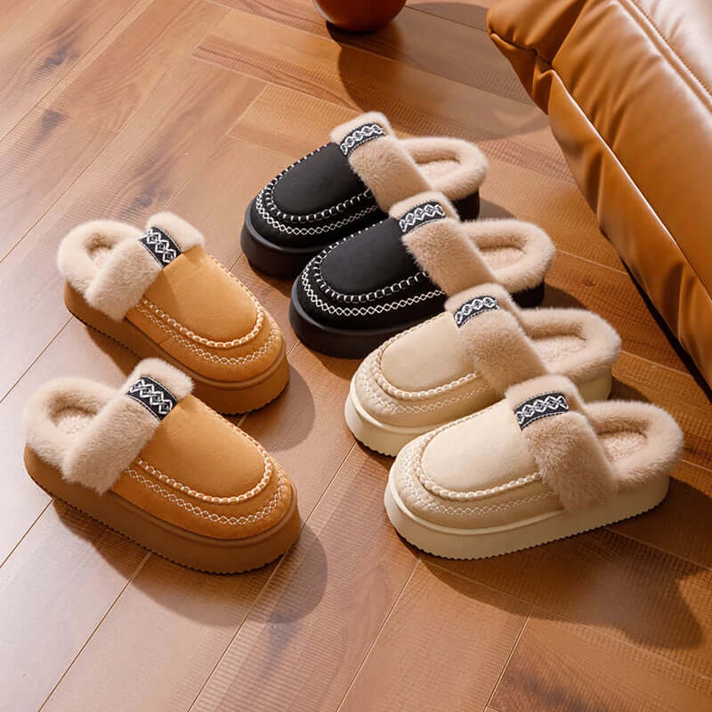 Close-up of fluffy platform slippers non-slip platform sole for indoor outdoor use