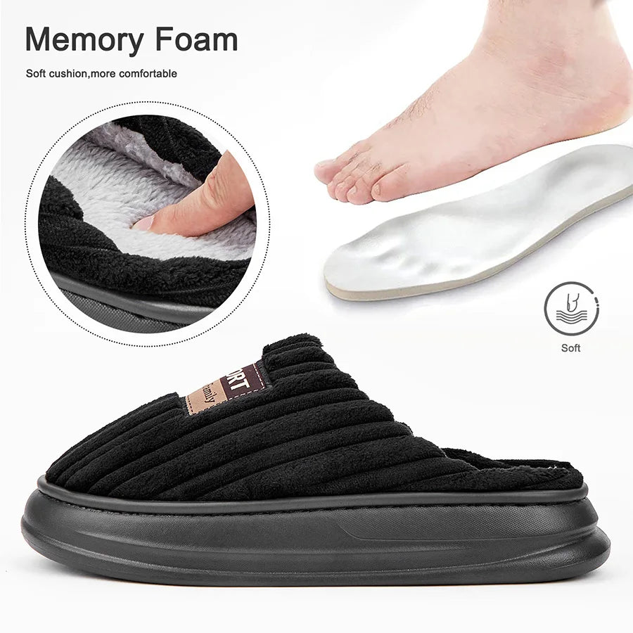 Man wearing memory foam slippers men relaxing at home in winter