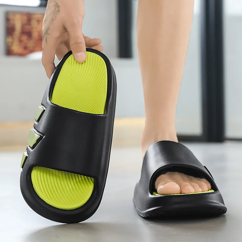 Non-slip EVA summer slippers on feet showing secure comfortable fit