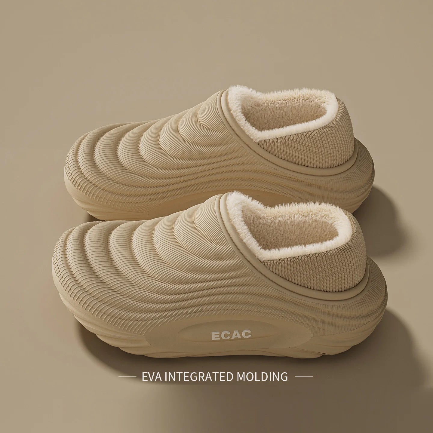 Fur lined winter slippers on indoor floor for cozy home winter wear