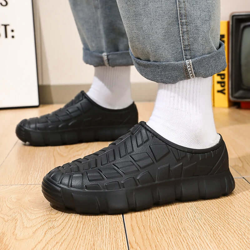 Fleece-Lined Waterproof Shoes - Winter Warm Outdoor Footwear for Men shown in black color with textured design.
