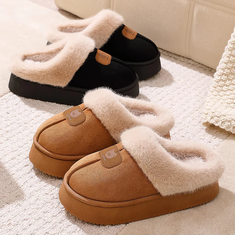 Beige plush cotton winter slippers with cushioned memory foam footbed
