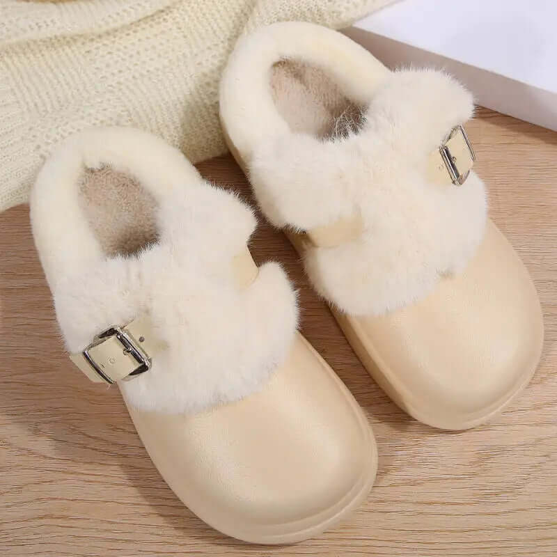 Close-up of waterproof furry clogs non-slip thick bottom sole for outdoor use