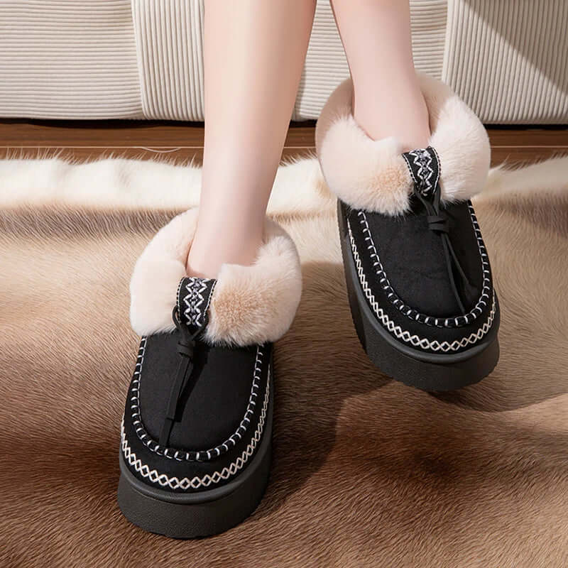 Side view of fluffy platform slippers showing elevated platform sole
