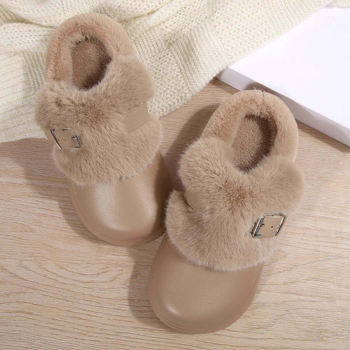 Waterproof furry clogs available in multiple colors for winter outdoor wear