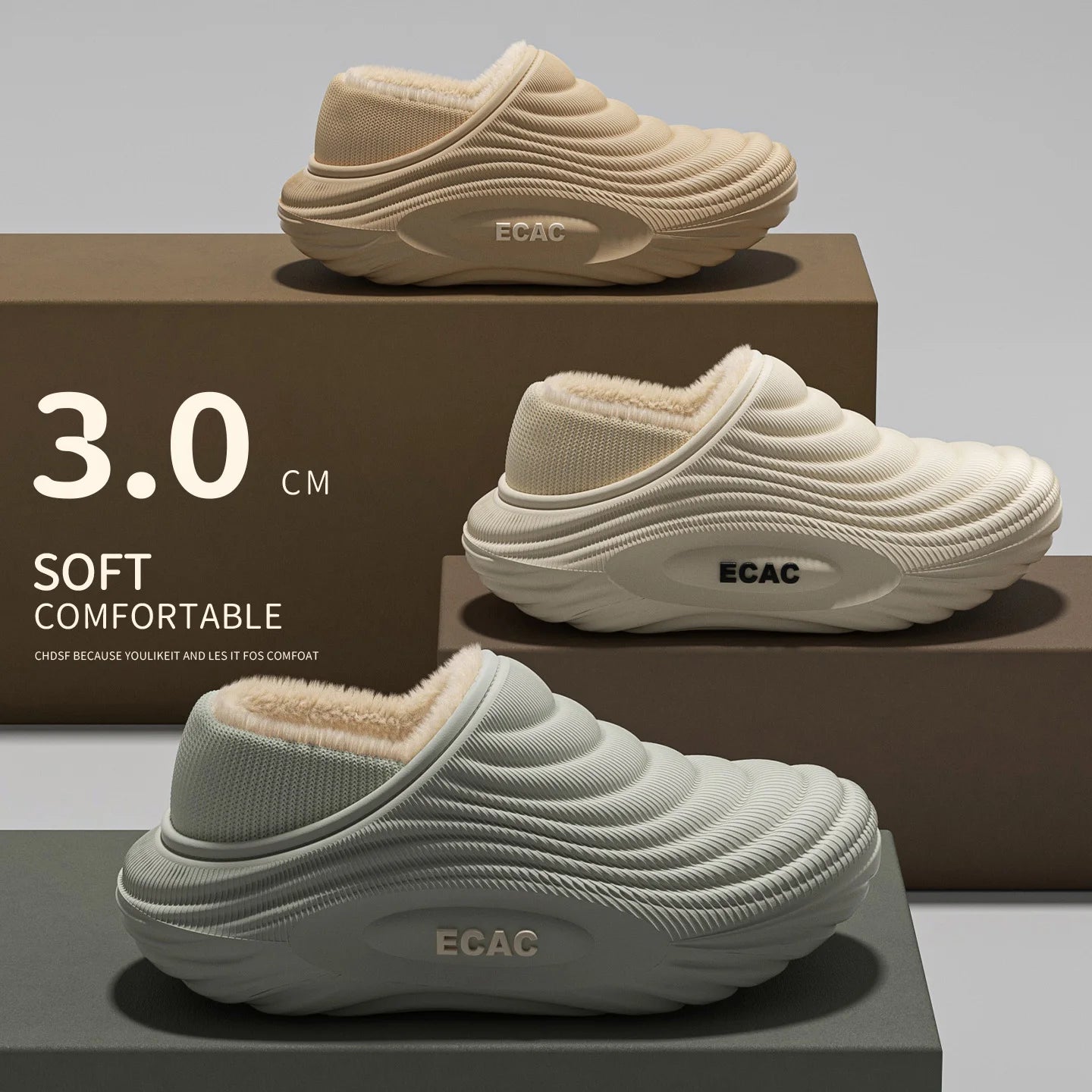 Textured anti-slip sole of fur lined winter slippers for icy wet surfaces