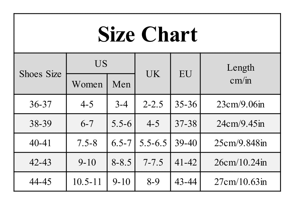 Size chart for shoes showing size ranges, US, UK, EU, and length measurements.