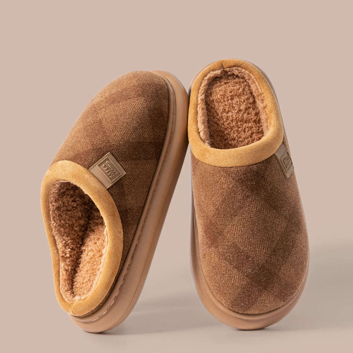 Men’s retro fleece-lined slippers styled with neutral home-office clothing