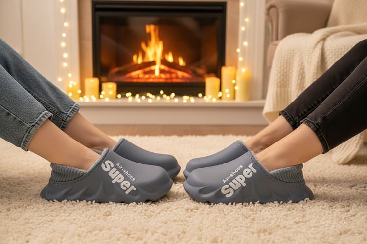 Cozy comfort beige faux fur-lined platform winter slippers with suede upper