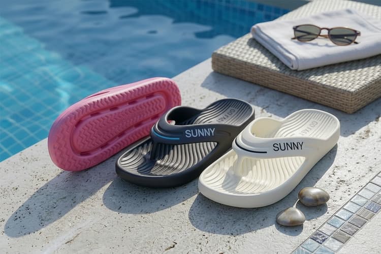 White platform flip flops with black stripes and textured sole for summer style
