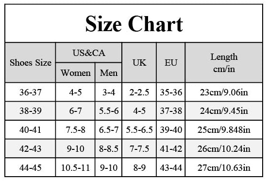 Shoe size chart comparing US&CA, UK, and EU sizes on a white background
