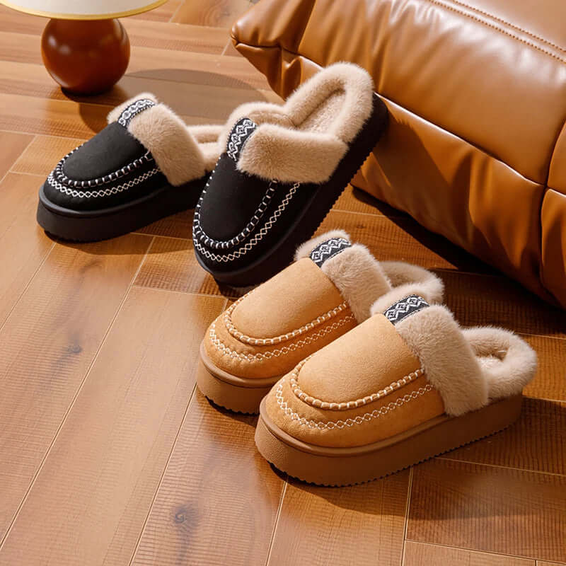 Ultra-soft fuzzy fur interior of fluffy platform slippers for cloud-like comfort