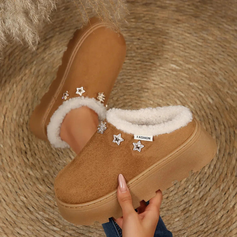 Winter plush platform mules with elevated sole and thick fur lining