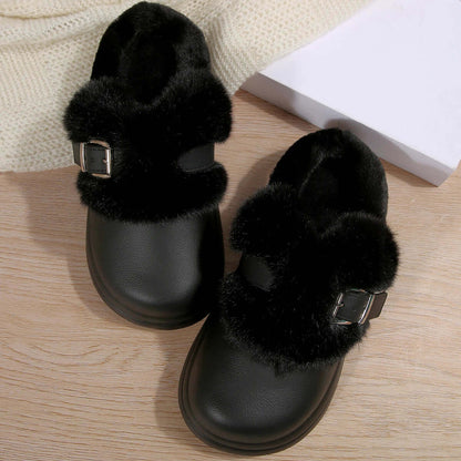 Designer metal buckle detail on waterproof furry clogs for women