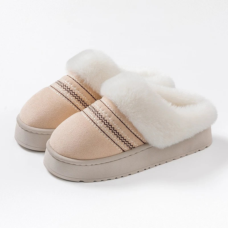 Plush slippers available in multiple colors - pink, grey, and beige options