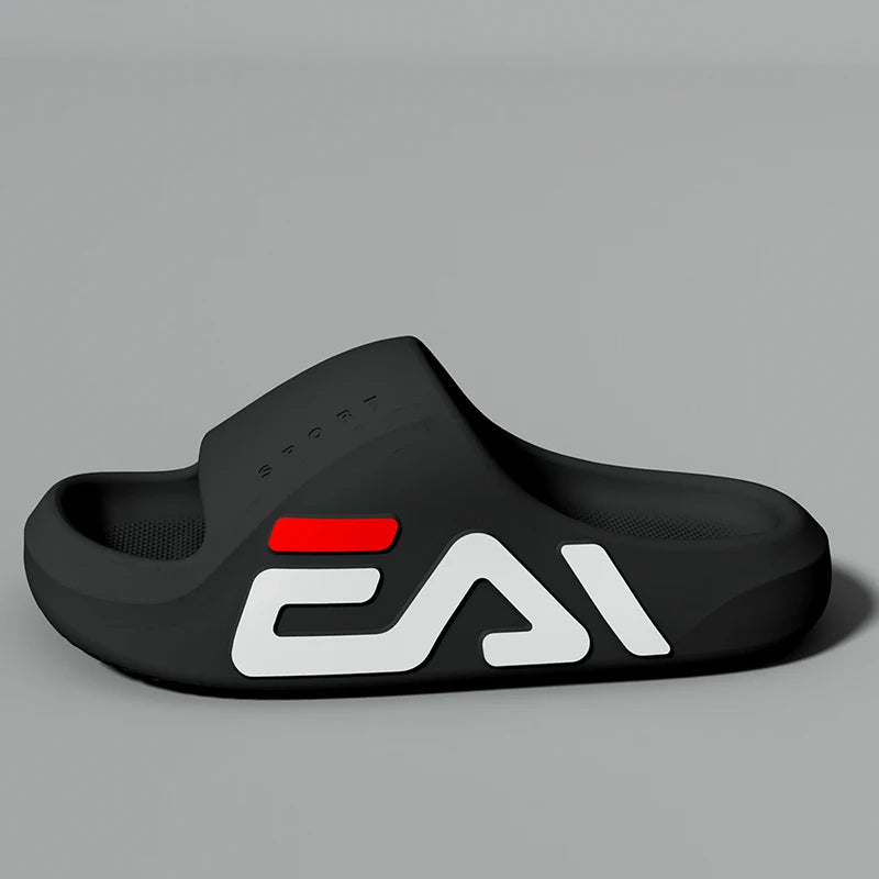 Men’s extra-thick air cushion slippers in a clean, minimalist matte black colorway