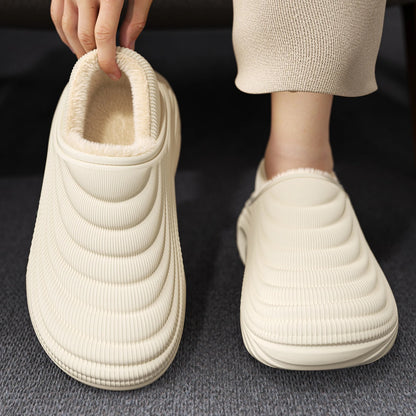 Top view of fur lined winter slippers featuring soft fur lining interior