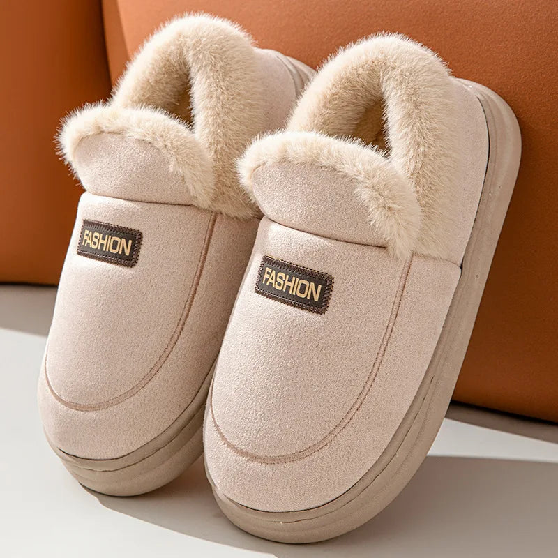 Furry cotton slippers available in multiple colors - grey, pink, beige, and brown