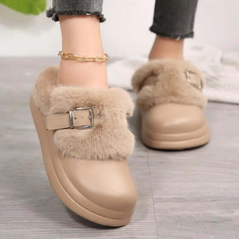 Waterproof furry clogs with metal buckle and plush fur lining for women