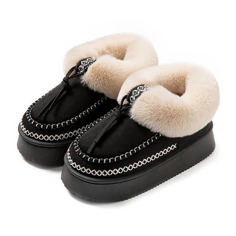 Back view of fluffy platform slippers showing ankle boot coverage and heel design