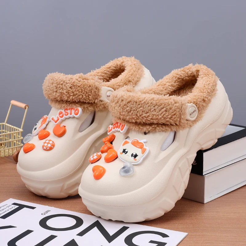 Cozy warm winter house slippers for women close up texture