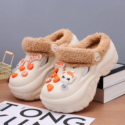 Cozy warm winter house slippers for women close up texture