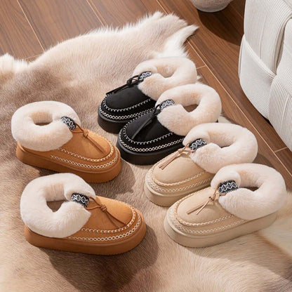 Close-up of fluffy platform slippers showing soft plush fur texture