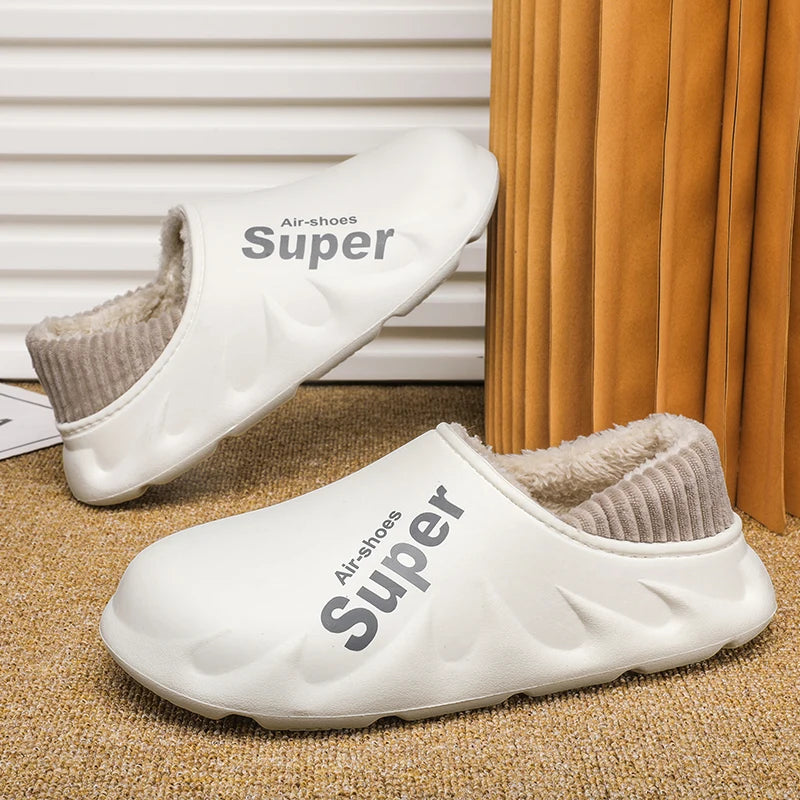 Side view of couple slippers winter showing soft plush interior and cotton exterior