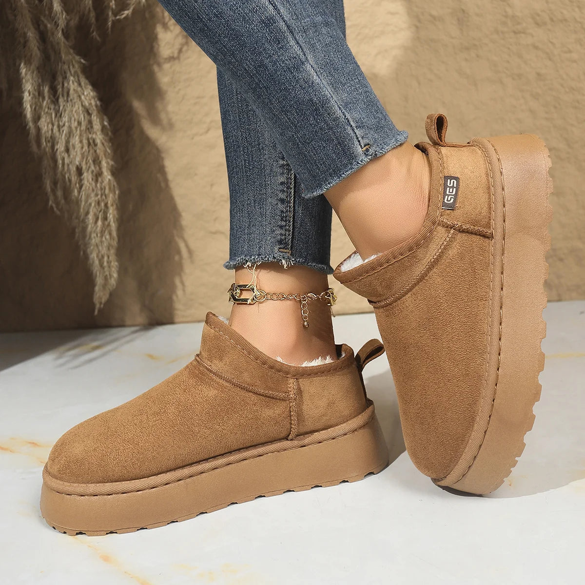 Soft fur lined winter plush ankle boots for women