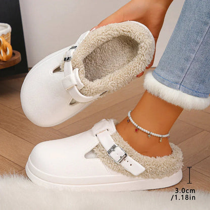 Beige waterproof furry mules with memory foam cushioned footbed