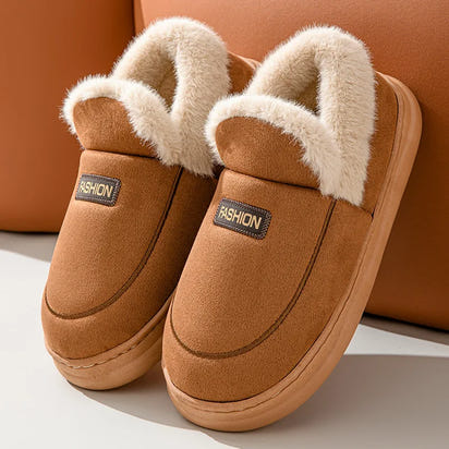 Side view of plush lined cotton slides showing comfortable slip-on design
