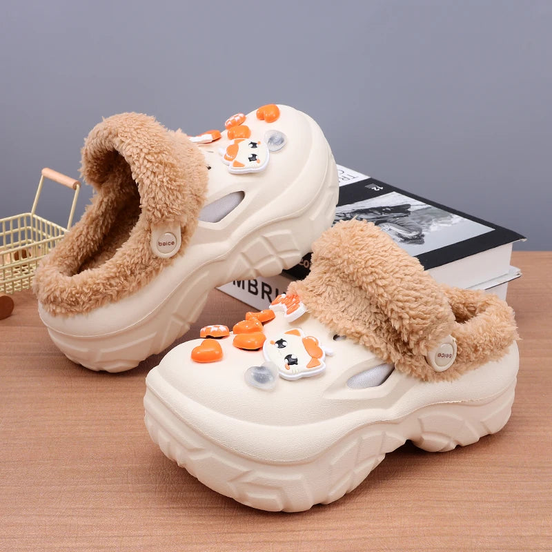 Winter house slippers for women with thick sole and plush lining