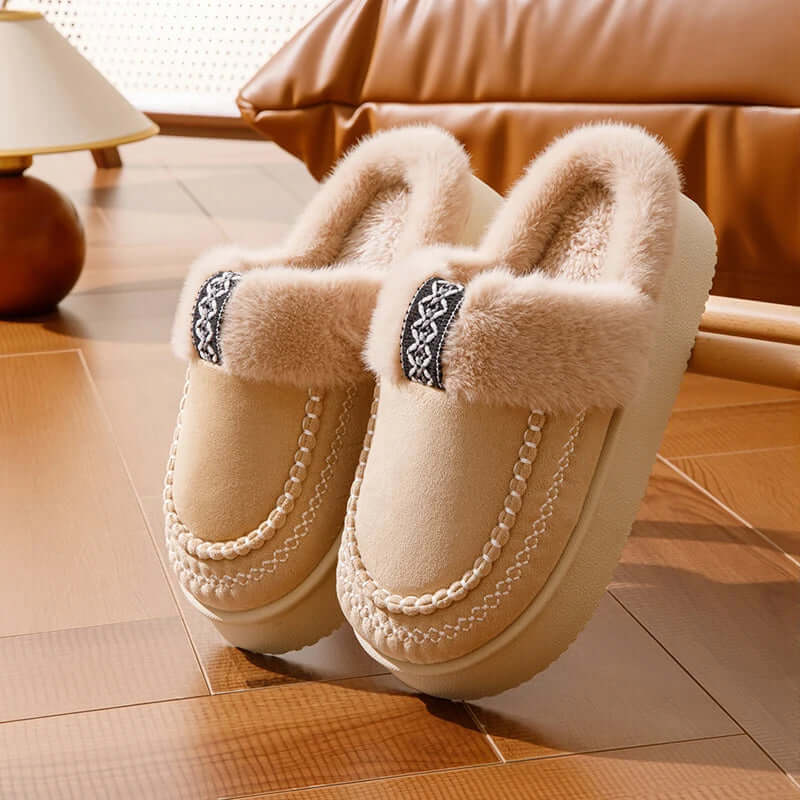 Woman wearing fluffy platform slippers at home for winter comfort and style
