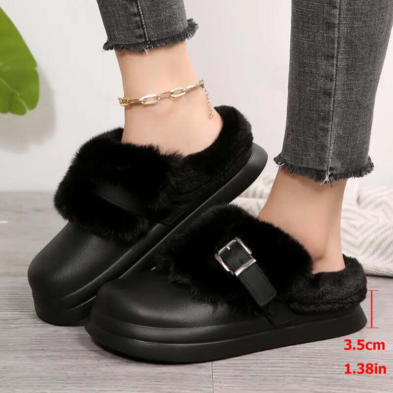 Plush fur lining inside waterproof furry clogs for winter warmth and comfort