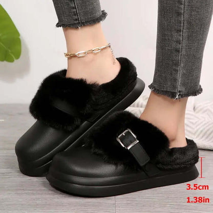 Plush fur lining inside waterproof furry clogs for winter warmth and comfort