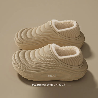 Fur lined winter slippers on indoor floor for cozy home winter wear