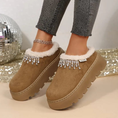 Rhinestone Platform Slippers – Plush Warm Cotton Shoes EvaCozy™