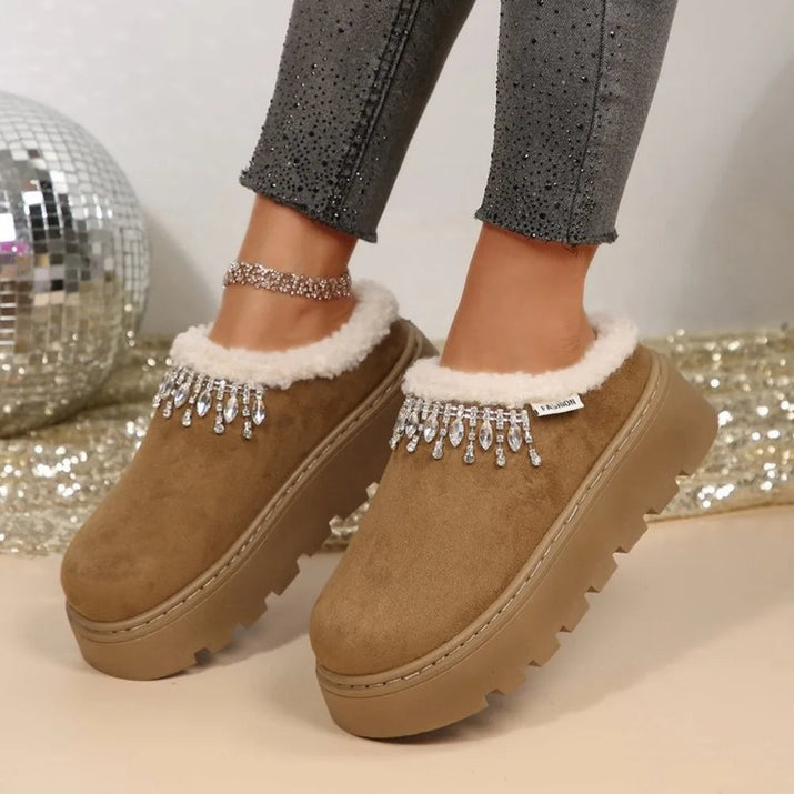 Rhinestone Platform Slippers – Plush Warm Cotton Shoes EvaCozy™