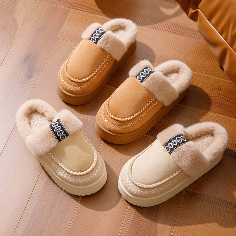 Side view of fluffy platform slippers showing elevated platform sole and height