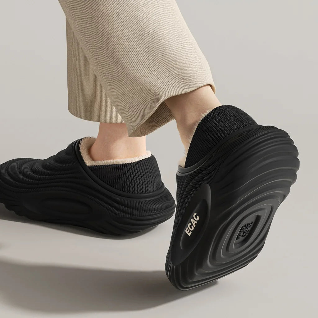 Close-up of warm plush fur lining inside fur lined winter slippers