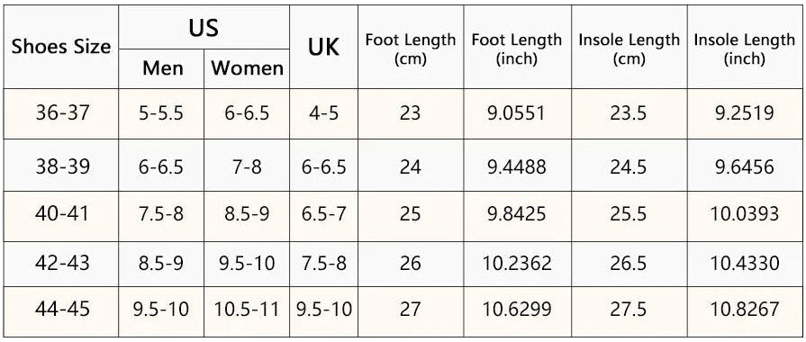 Slippers Size Chart