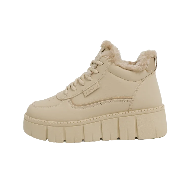 Beige winter sneaker with fur lining on a white background