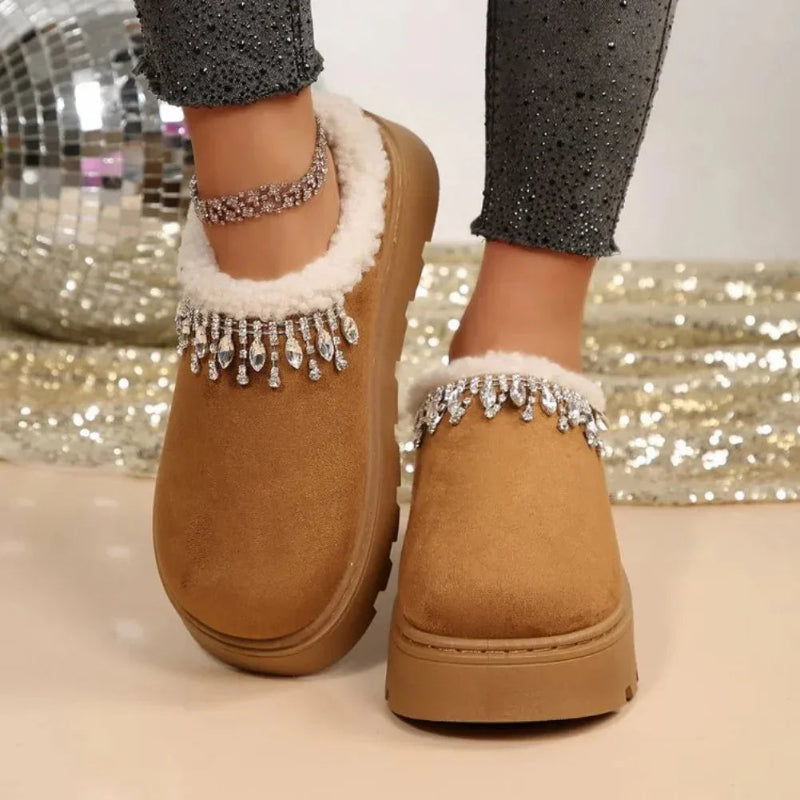 Rhinestone platform slippers with sparkling crystal embellishments and elevated sole