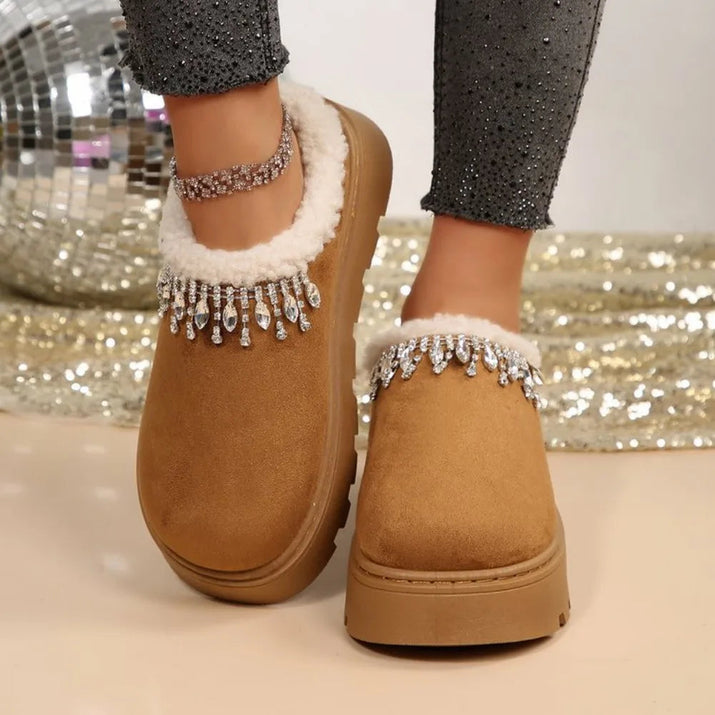Rhinestone Platform Slippers – Plush Warm Cotton Shoes EvaCozy™