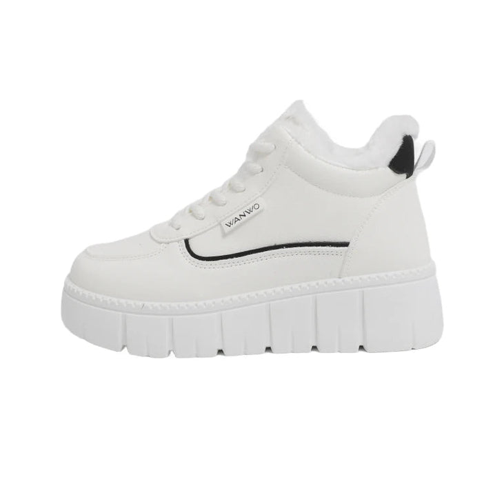 White sneaker with a black logo on a white background