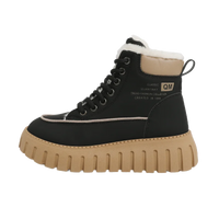 Black boot with tan sole on a white background