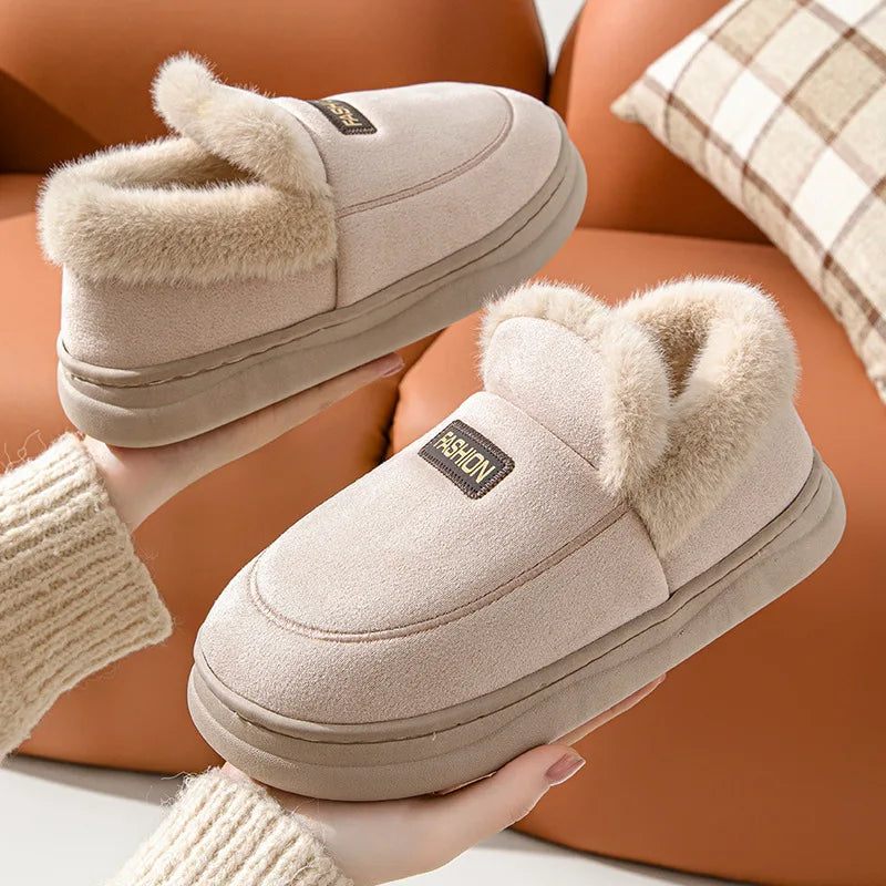 Close-up of furry cotton slides with thick soft interior and cozy texture