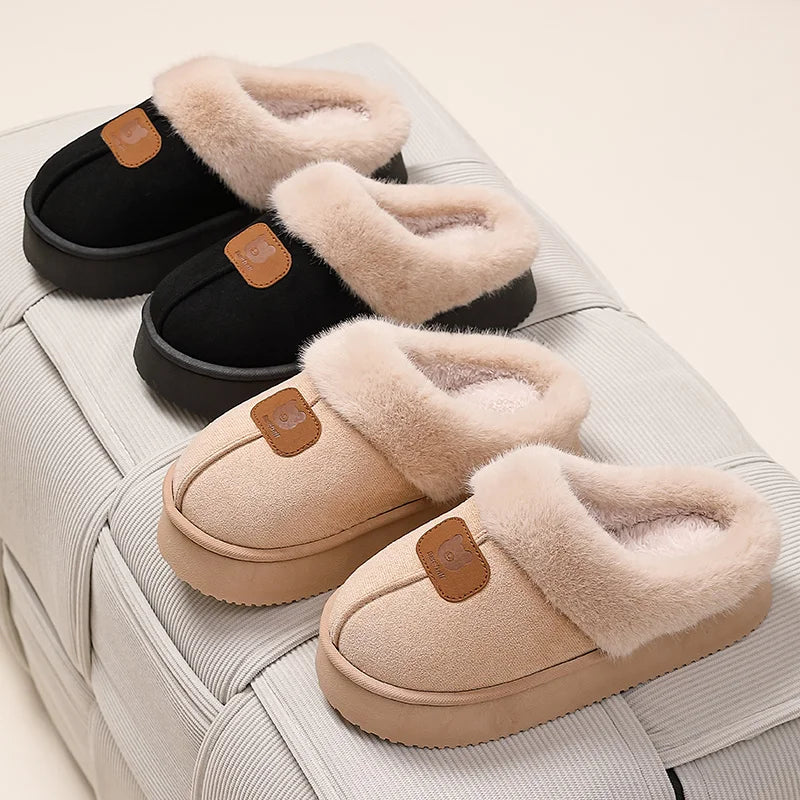 Cream plush cotton winter slippers showing thick plush cotton construction